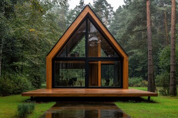 A modern wooden house with large glass windows, set amidst lush greenery and tall trees, showcasing a unique triangular design.