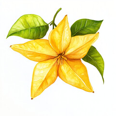 Fototapeta premium Watercolor hand-painted Starfruit branch with green leaf on a white background, flat watercolor painting, simple design, AI painting design, AI design set 