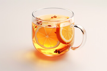 Glass mug of hot citrus tea with lemon slices and cinnamon sticks