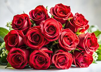 Elegant red rose bouquet, pristine white background. Ideal for Valentine's Day, anniversaries or weddings.
