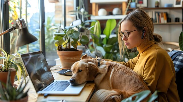 A woman works on a laptop with her dog resting on her lap.