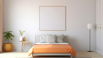 Modern minimalist bedroom with orange accents and framed artwork on wall