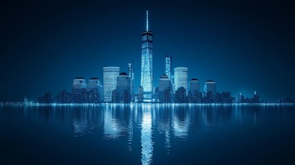 Fototapeta premium Panoramic Night View of New York City Skyline with Vibrant Lights and Reflections. Hyper-Realistic Manhattan Scene for Travel, Real Estate, and Business Marketing.