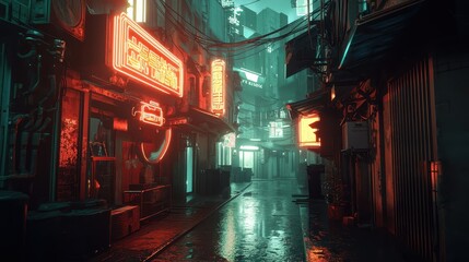 Neon Alleyway in Urban Night Scene with Reflections and Glow