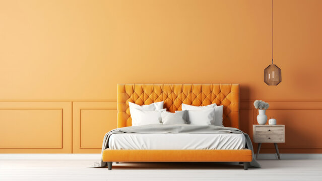 Elegant modern bedroom interior with orange accents and minimalist design