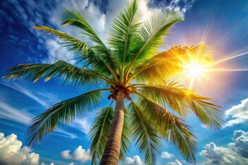 Escape to paradise: breathtaking aerial views of palm trees under a summer sky.  Perfect holiday backdrop.