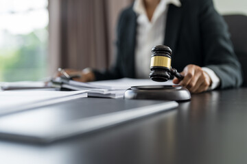 Lawyer businessman working with lawbook in office or courtroom Legal counsel with gavel and legal...