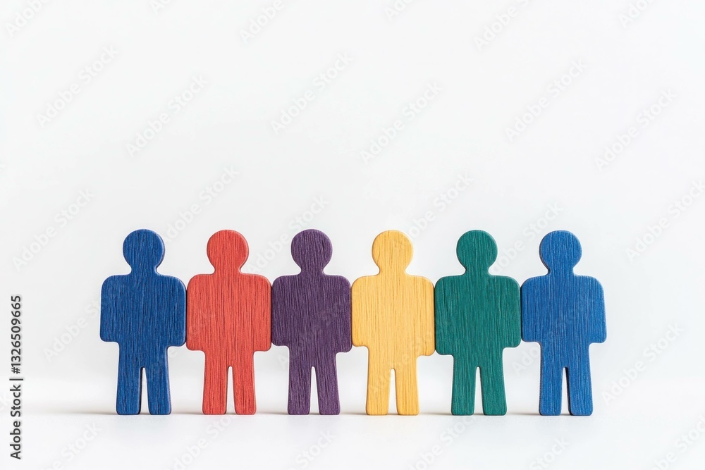 Poster colorful wooden figures representing diversity and unity with a minimalistic design set against a wh