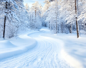 Obraz premium Snowy winter trail winding through a frosted forest
