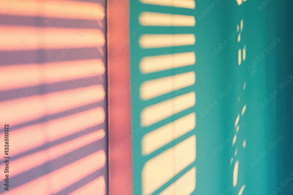 Poster sunlight streaming through window blinds, creating colorful shadows on wall