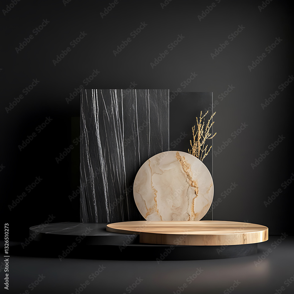 Poster showcasing elegant marble and wood display objects in a minimalist studio setting contemporary desig