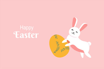Cheerful easter bunny with decorated egg on pastel background for holiday design.