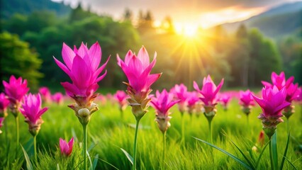 Obraz premium Vibrant pink Siam tulip flowers blooming in a lush green meadow with a few stems reaching towards the sunlight, wild blooms, nature blooms