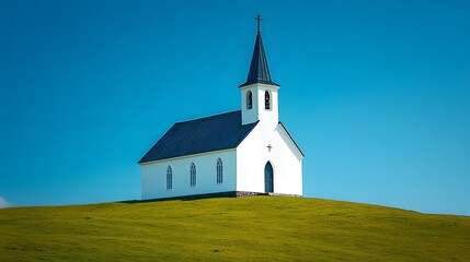 Fototapeta premium Pristine white chapel sits on a verdant hillside under a deep blue sky, its tall spire and simple stone design offering a tranquil, minimalist sanctuary in a rural landscape.