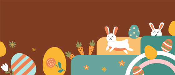Happy easter designs with bunnies, eggs, and carrots for decorative use.