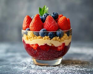 Delicious dessert trifle with strawberries and blueberries in a bowl, visually appealing, tempting food photography