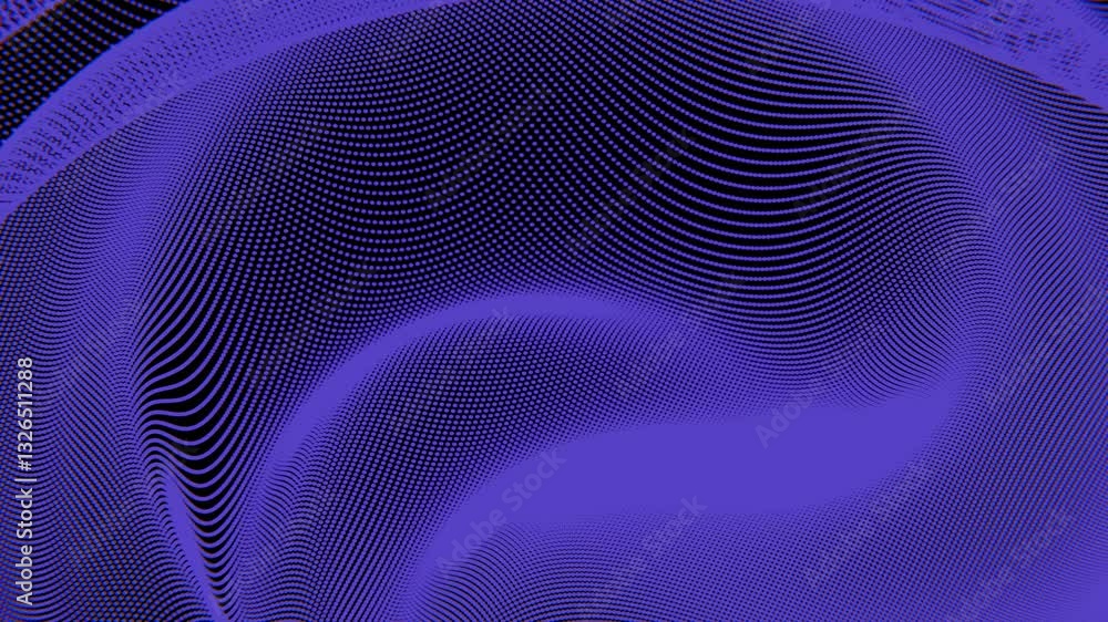 Poster Wavy dot pattern in deep blue tones on a dark background, creating an abstract, futuristic design with a sense of depth, movement, and optical illusion.