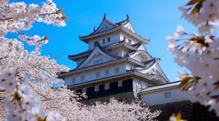 Japanese Castle Surrounded by Cherry Blossoms Under Clear Blue Sky