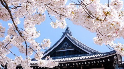 Fototapeta premium Blooming Cherry Blossoms Framing Traditional Japanese Architecture Against a Blue Sky