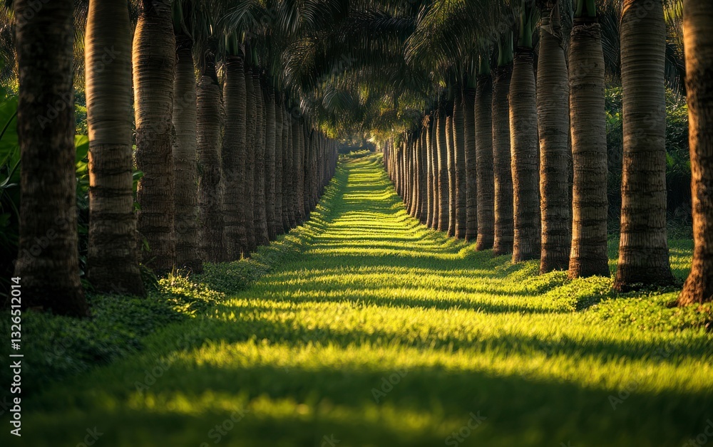 Poster walking through a palm tree lined path with shaded grass