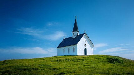 Fototapeta premium Pristine white chapel sits on a verdant hillside under a deep blue sky, its tall spire and simple stone design offering a tranquil, minimalist sanctuary in a rural landscape.