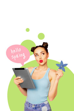 Poster image vertical collage of happy girl hold ereader duck-face pouted lips hold snowdrop flower bud hello spring bubble