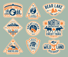 North lands discovery great outdoor adventure vintage badges collection vintage vector print or embroidery for kids boy man sport wear shirt sweatshirt