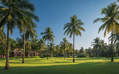 Palm Trees and Lush Green Lawn Under a Bright Blue Sky
