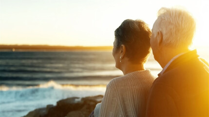 Fototapeta premium Senior couple watching sunset at beach with golden light. Elderly man and woman silhouetted against orange sea horizon, symbolizing romance, partnership longevity and peaceful retirement.