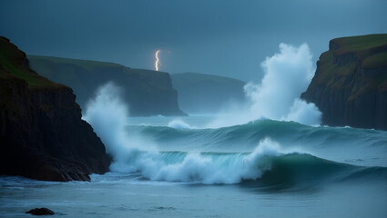 Fototapeta premium A stormy coastline with dramatic waves crashing against rugged cliffs.