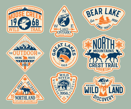 North lands discovery great outdoor adventure vintage badges collection vintage vector print or embroidery  for kids boy man sport wear shirt sweatshirt