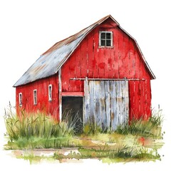 Watercolor illustration of a cute red barn with clapboard and distressed details on a white background for children