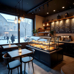 A cozy coffee shop with wooden tables, a chalkboard menu, and a counter displaying pastries.