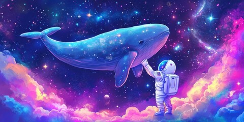 An astronaut reaching out to touch a cosmic space whale