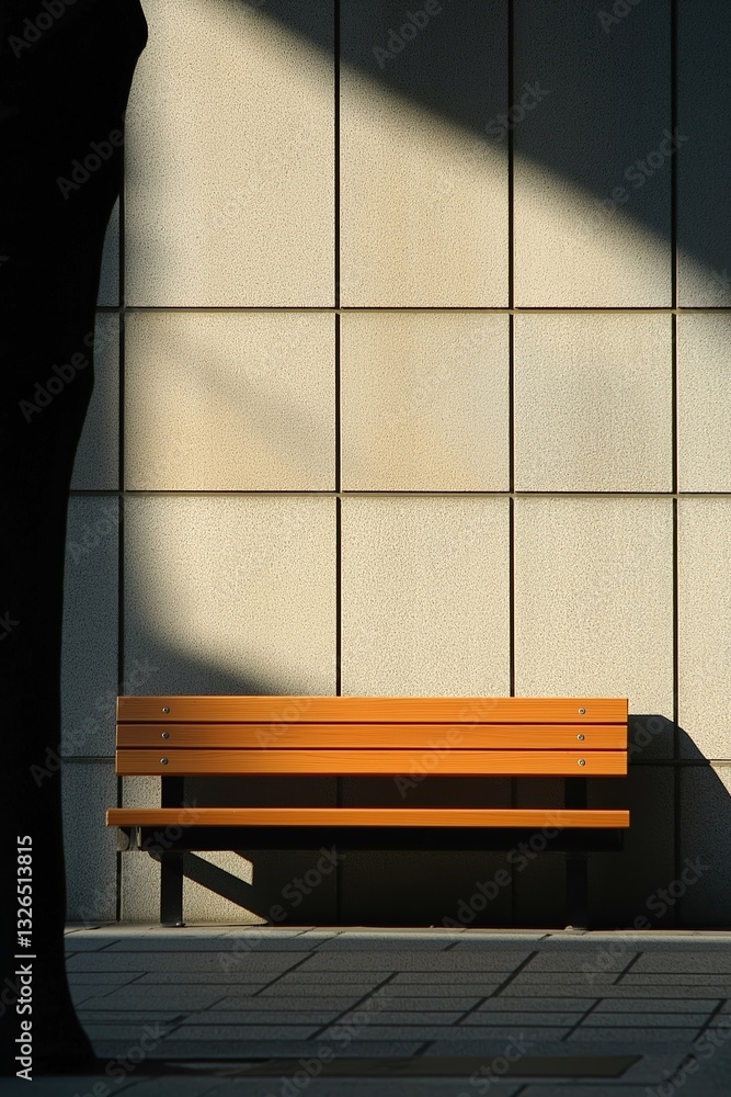 Poster empty bench casting a shadow on a tiled wall in the sunlight