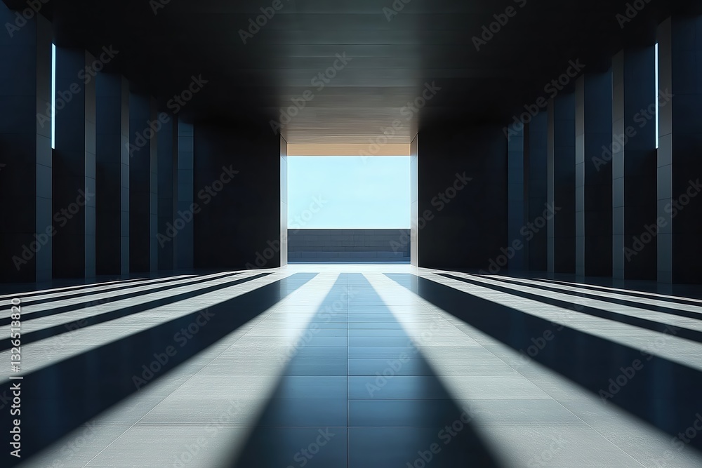 Poster modern empty room with columns and light beams creating long shadows