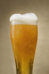 Beer. Glass of fresh and cold beer with overflowing foam. Selective focus.