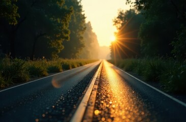 Fototapeta premium Sunrise illuminating a quiet road surrounded by trees and nature