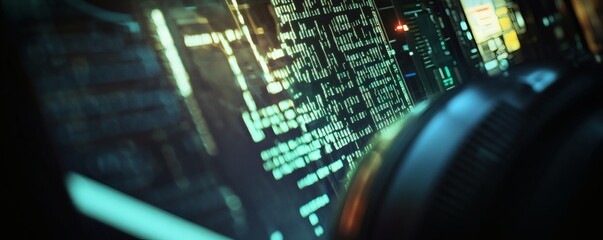 Digital display shows code and data within a dark environment
