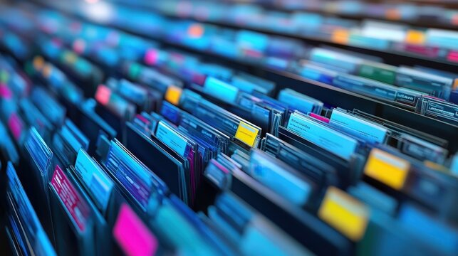 A colorful array of digital or physical files organized neatly, showcasing a modern approach to data management and organization.