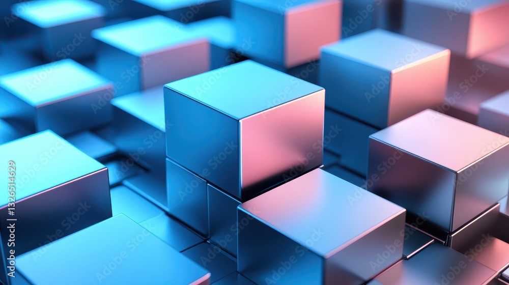 Poster abstract metallic blocks with colorful reflections and shiny finish