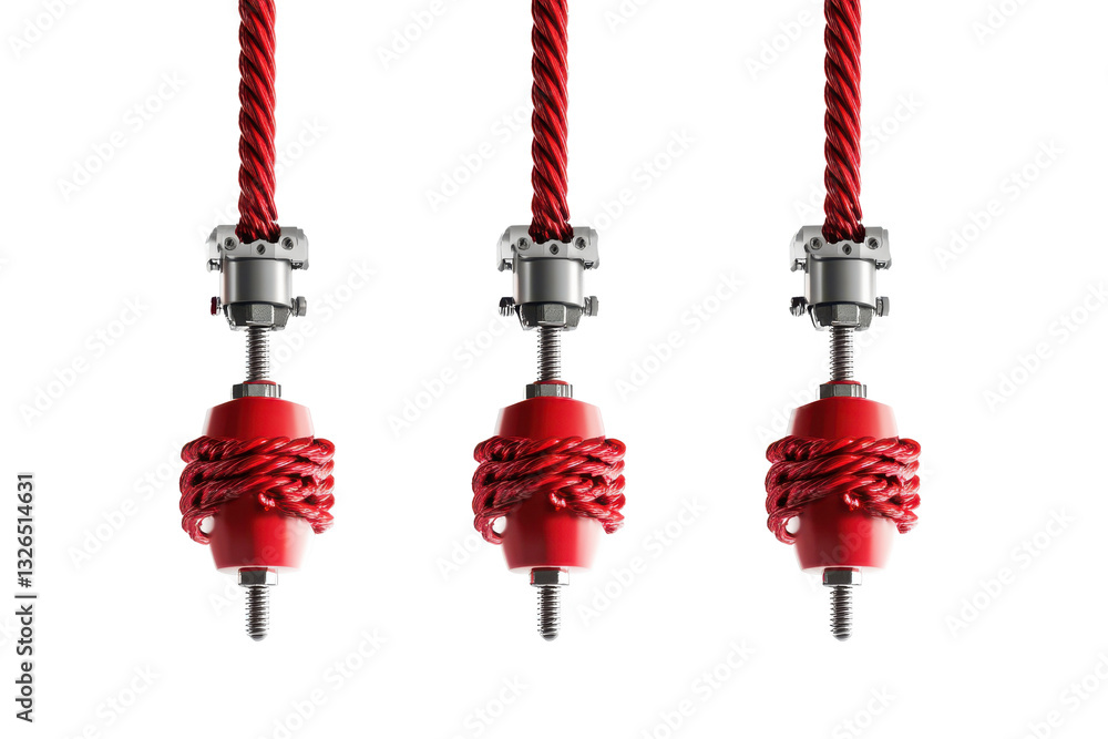 Poster three red decorative objects hanging from red cords with silver connectors on a white background stu