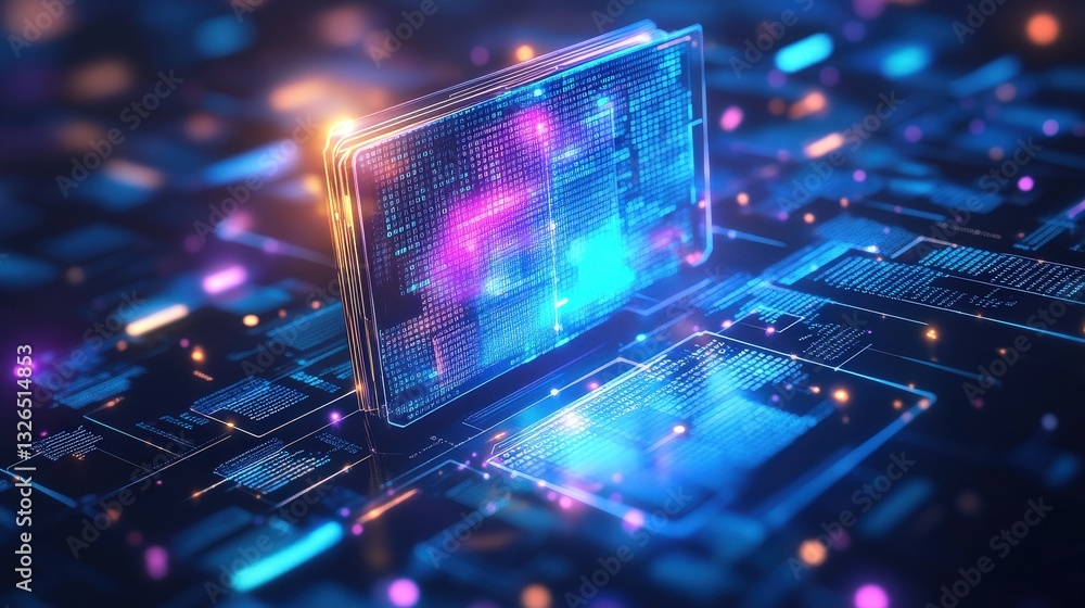 Poster a glowing digital interface surrounded by vibrant circuits, representing advanced technology and dat