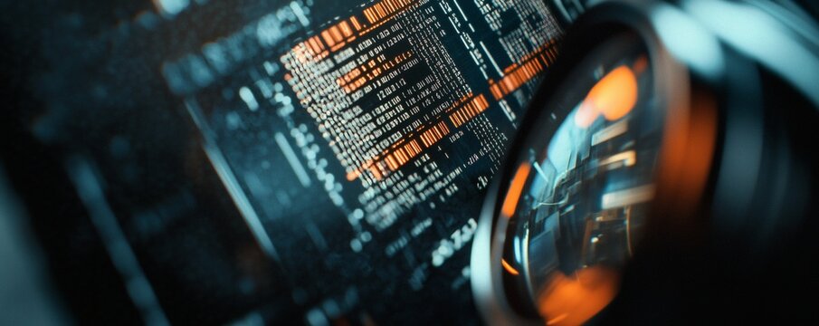 Close up view of illuminated data screen with lens - Powered by Adobe