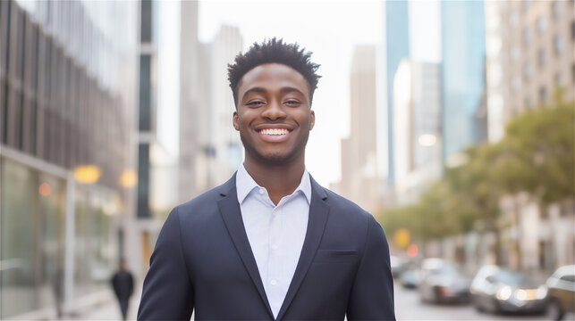 African businessman in formal attire smiling against urban cityscape with sunlight. His confident posture and genuine expression embody professional achievement with modern architecture backdrop. - Powered by Adobe