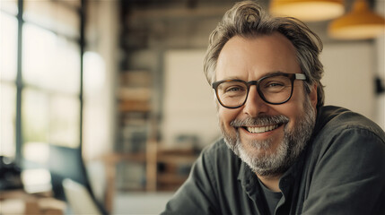 Obraz premium Confident mature businessman with beard and glasses smiling in contemporary workspace. His dark shirt and genuine expression convey experienced leadership and approachable professionalism.