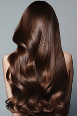 Fototapeta premium Stunning long wavy brown hair cascading down a woman’s back, glossy and voluminous curls, healthy and well-groomed hairstyle, beauty and fashion inspiration for hair care, salon treatments