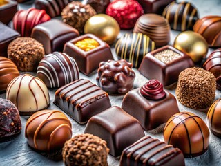 Low-light photography highlights the decadent textures of gourmet dark, milk, and white chocolates; sweet treats for the soul.