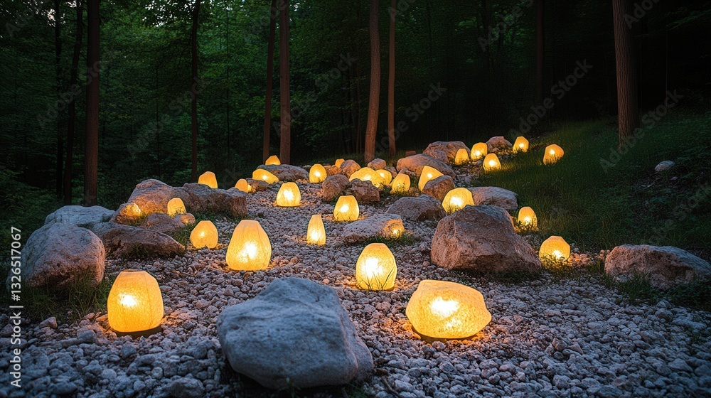 Poster a serene pathway illuminated by glowing rocks, creating a magical ambiance in a tranquil forest sett