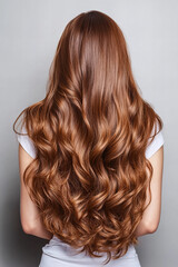 Obraz premium Stunning long wavy brown hair cascading down a woman’s back, glossy and voluminous curls, healthy and well-groomed hairstyle, beauty and fashion inspiration for hair care, salon treatments